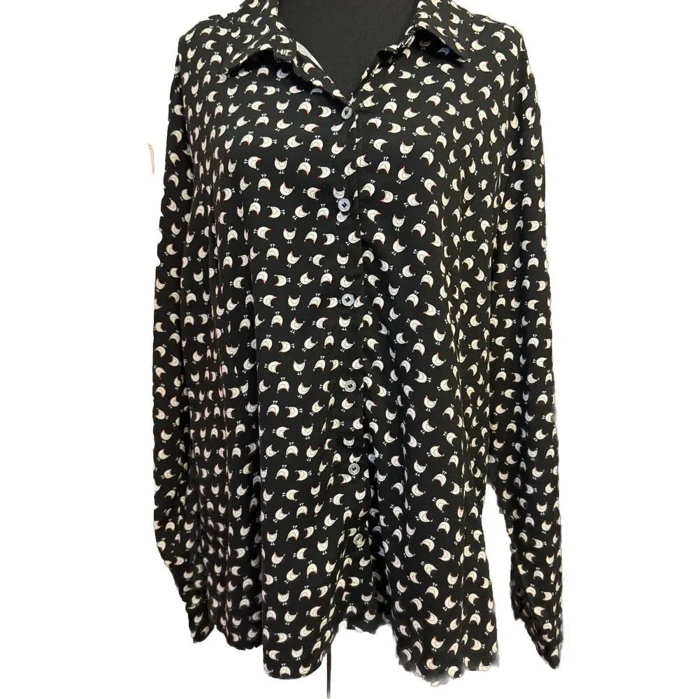 Cloth & Portrait Top XXL Womens Button Up Chicken Novelty Print Farmcore Office - Picture 2 of 8